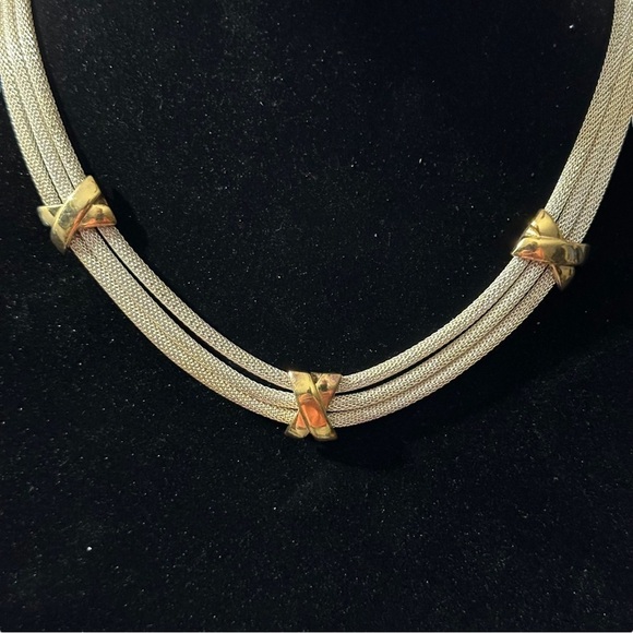 Vtg Unsigned Alice Caviness Gold Tone 3 Strand Mesh Rope Necklace X Bars 15-18” - Picture 3 of 10